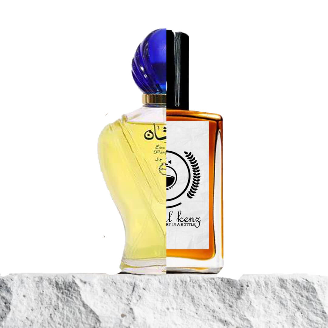 Split image showing two perfume bottles: the left side features a yellow liquid in a Rasasi Afshan bottle with a blue cap, and the right side displays an amber-colored liquid in a Baytulkenz bottle with a black cap and a minimalist label design, placed on a textured stone-like surface.