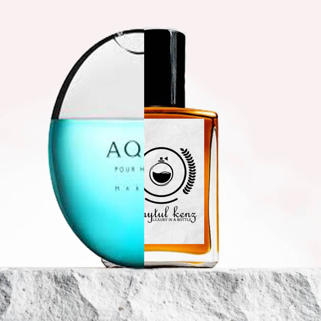 "A stylish split image features two perfume bottles side by side."
"On the left, a blue perfume bottle of Aqva Pour Homme Marine by Bvlgari, with a sleek, modern design."
"The blue bottle has a rounded, refreshing shape and a simple, clean label."
"On the right, a gold-toned bottle with a logo, an inspired version of Aqva Pour Homme Marine by Baytulkenz."
"The gold bottle offers a luxurious aesthetic with a refined, metallic finish and an elegant logo."