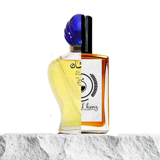 Split image showing two perfume bottles: the left side features a yellow liquid in a Rasasi Afshan bottle with a blue cap, and the right side displays an amber-colored liquid in a Baytulkenz bottle with a black cap and a minimalist label design, placed on a textured stone-like surface.