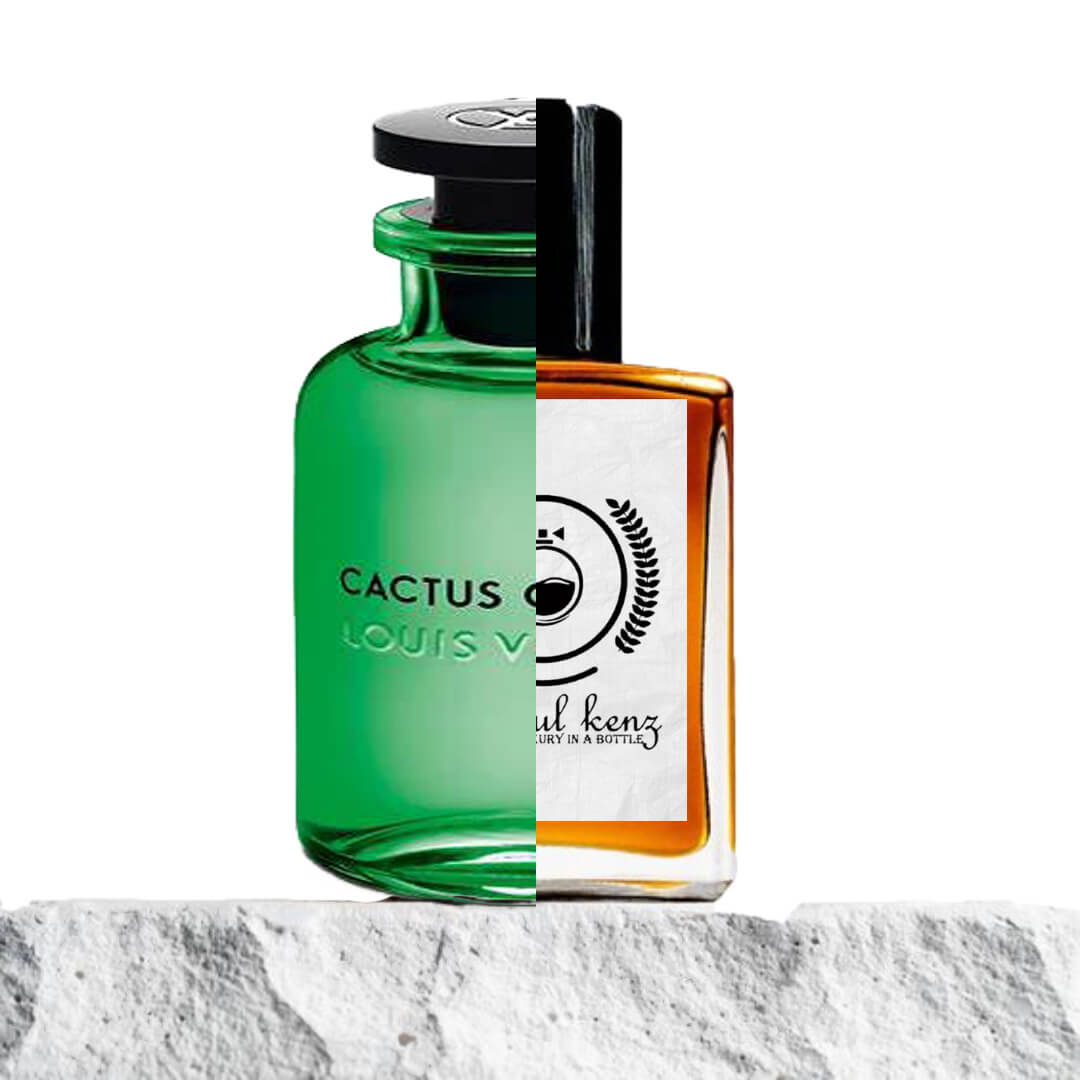 "A split image features two perfume bottles displayed side by side on a stone surface."
"On the left, a green bottle of Cactus by Louis Vuitton, with a sleek, modern design and a refreshing green hue."
"The green bottle has a clean, elegant shape, evoking a sense of nature and freshness."
"On the right, a golden bottle from Baytulkenz, the inspired version of Cactus Garden by Louis Vuitton."
"The golden bottle features a luxurious, metallic finish with a refined, minimalist design and subtle branding."