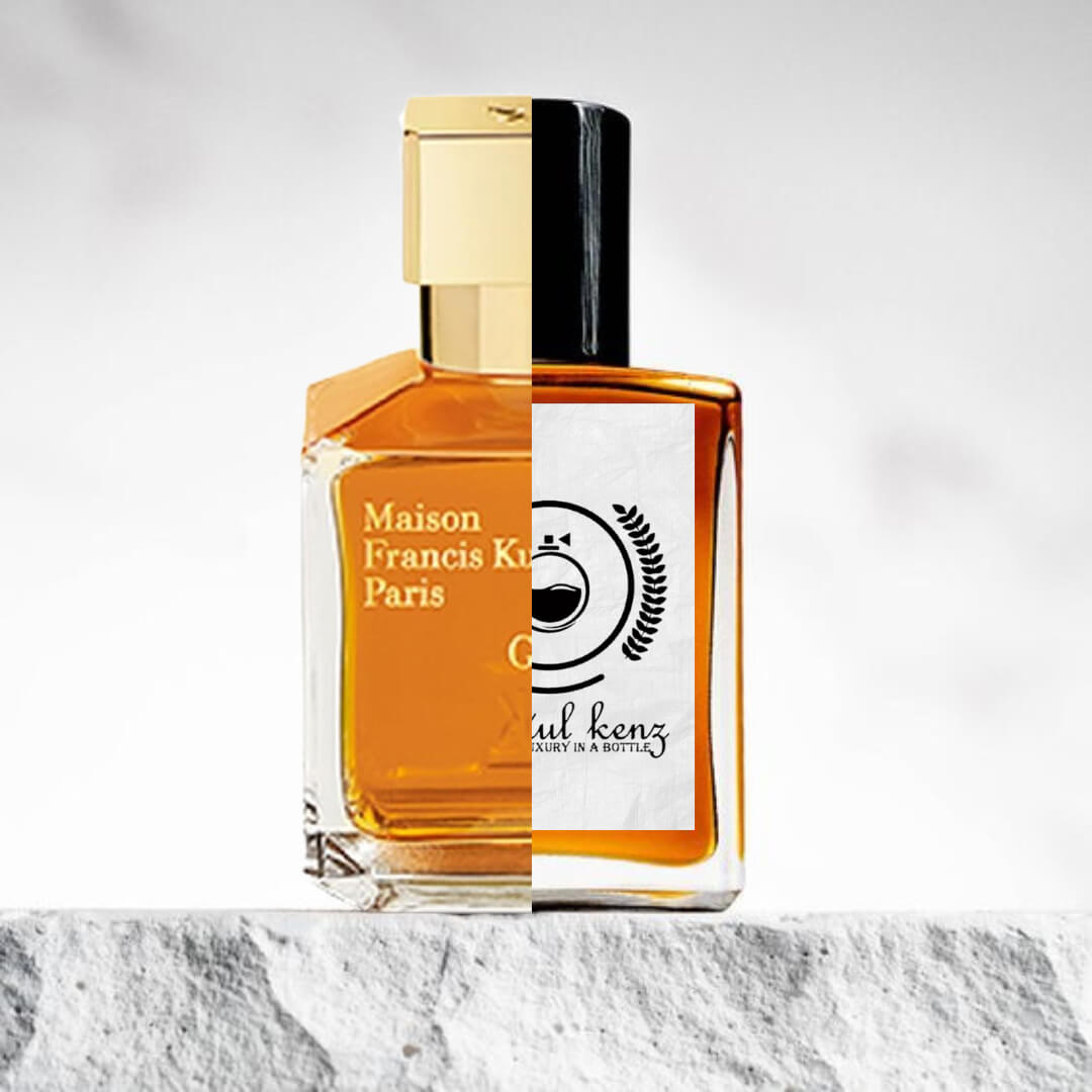 "A split image displaying two perfume bottles side by side."
"On the left, a luxurious bottle from Maison Francis Kurkdjian Grand Soir, featuring elegant gold accents and a sophisticated design."
"On the right, a similar bottle labeled "Baytulkenz," inspired by Maison Francis Kurkdjian Grand Soir, with a modern, refined look."
"Both bottles share a similar shape but have distinct branding and design elements."
"The background is neutral, emphasizing the contrast between the two bottles."