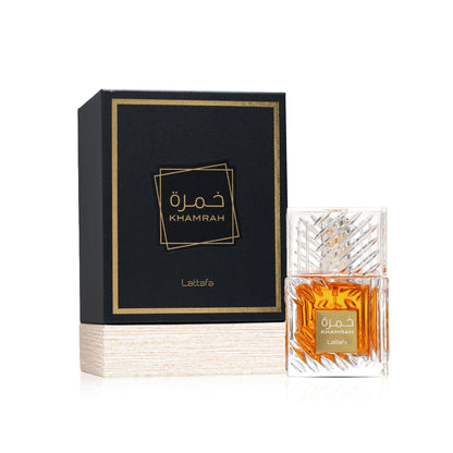 Lattafa Khamrah perfume bottle with brown box