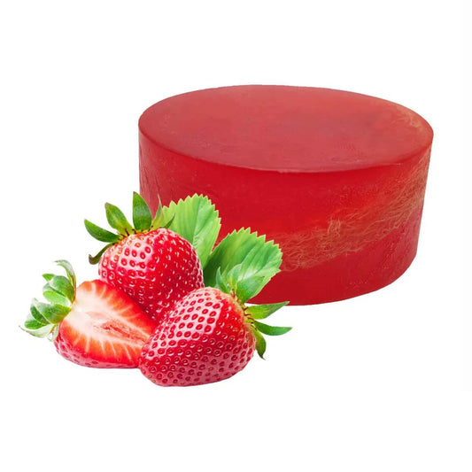 "Strawberry Loofah Soap - Exfoliating soap with strawberry extract and loofah for soft, glowing skin."